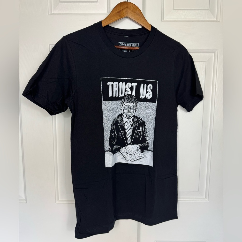 Black Rifle Coffee T-Shirt Trust Us Media Robot Lies Newscaster Black Size Small